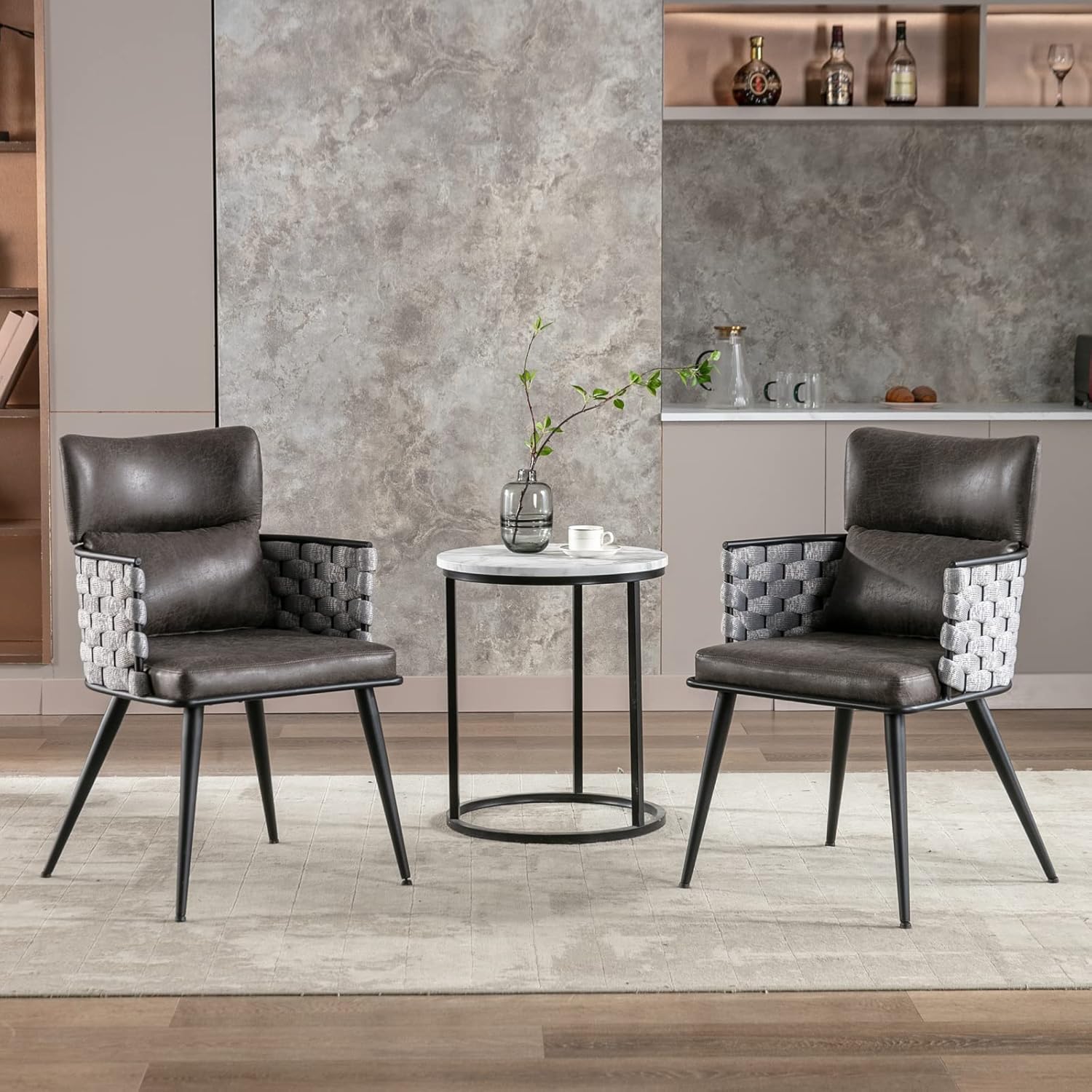 BFZ Juego de 2 sillas de comedor modernas de mediados de siglo con patas de metal, sillas de comedor tejidas de piel sintética para comedor, cocina,