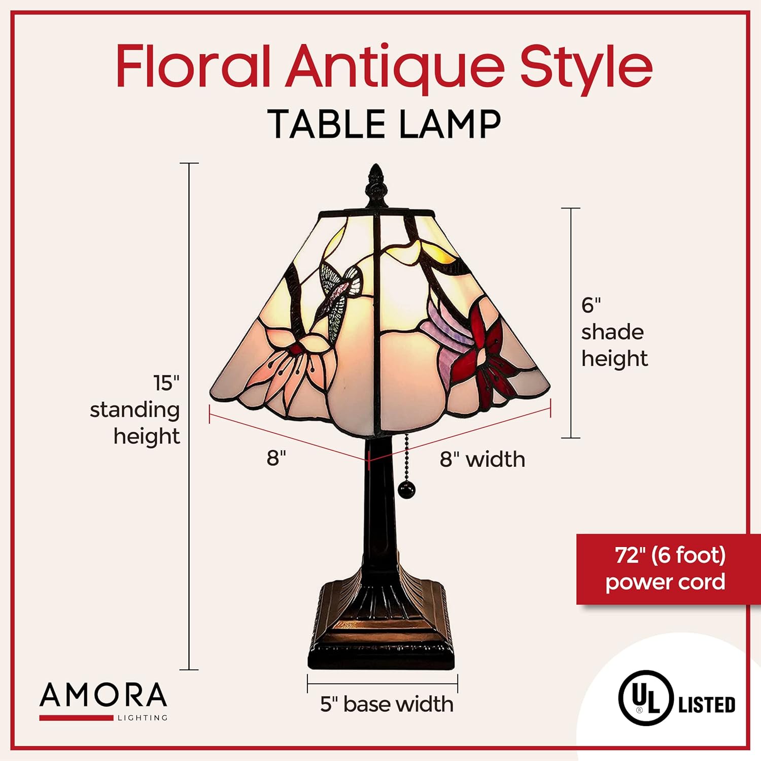 Amora Lámpara de mesa Tiffany vintage, lámpara de mesita de noche de vidrio floral manchado, luz de noche de mesa, lámparas de vidrio blanco