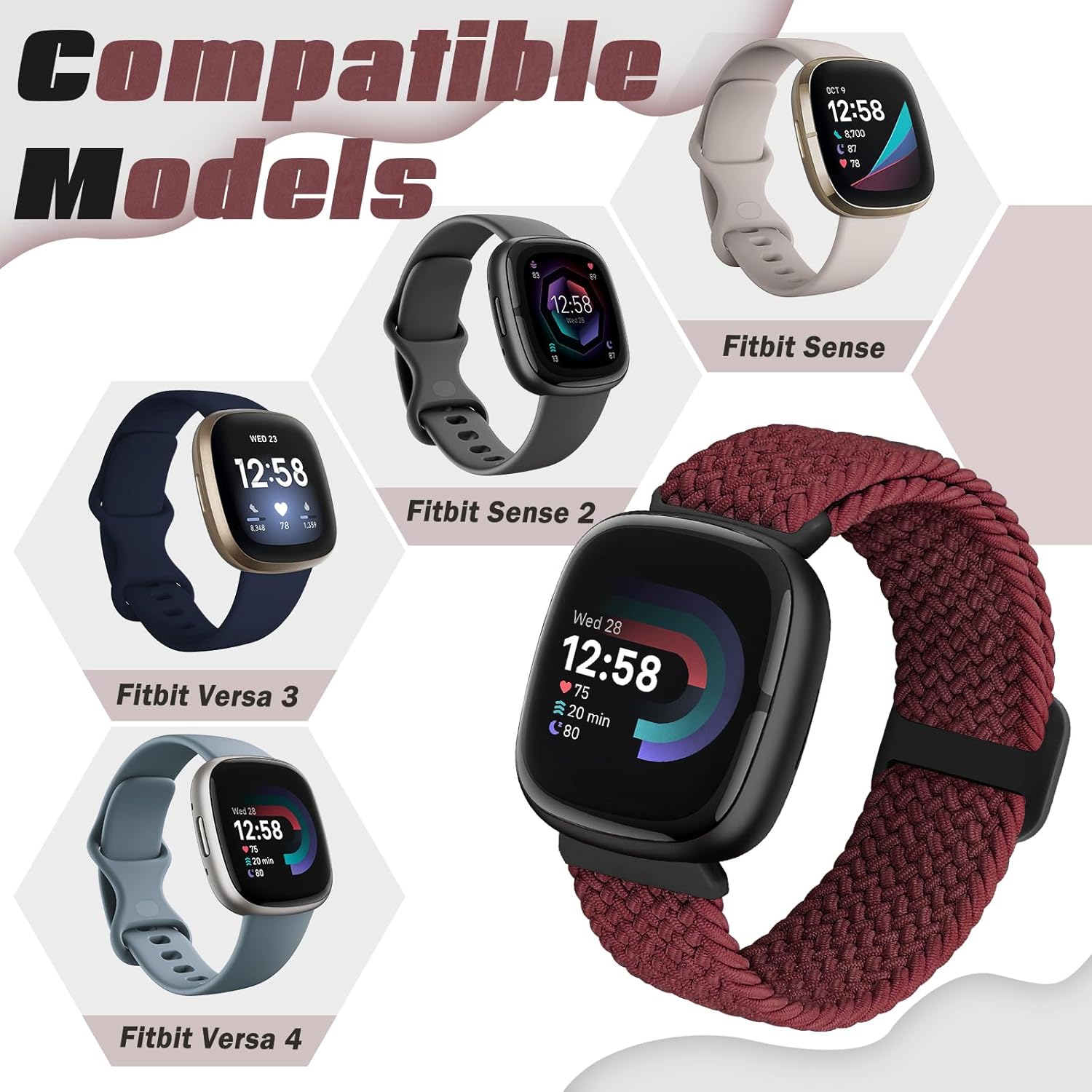 Correa elástica trenzada Solo Loop compatible con Fitbit Versa 4Fitbit Sense 2Fitbit Versa 3Fitbit Sense, correas elásticas de nailon deportivo para