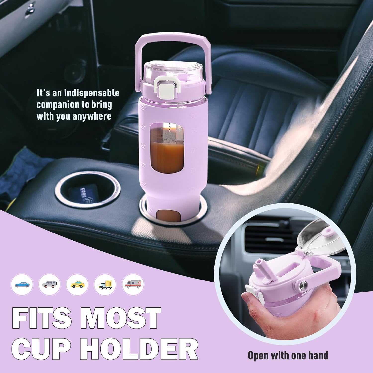 BLUEGO Botella de agua de vidrio de 32 onzas con popote y tapa, botella de agua potable de vidrio con asa, taza de café helado con marcador de