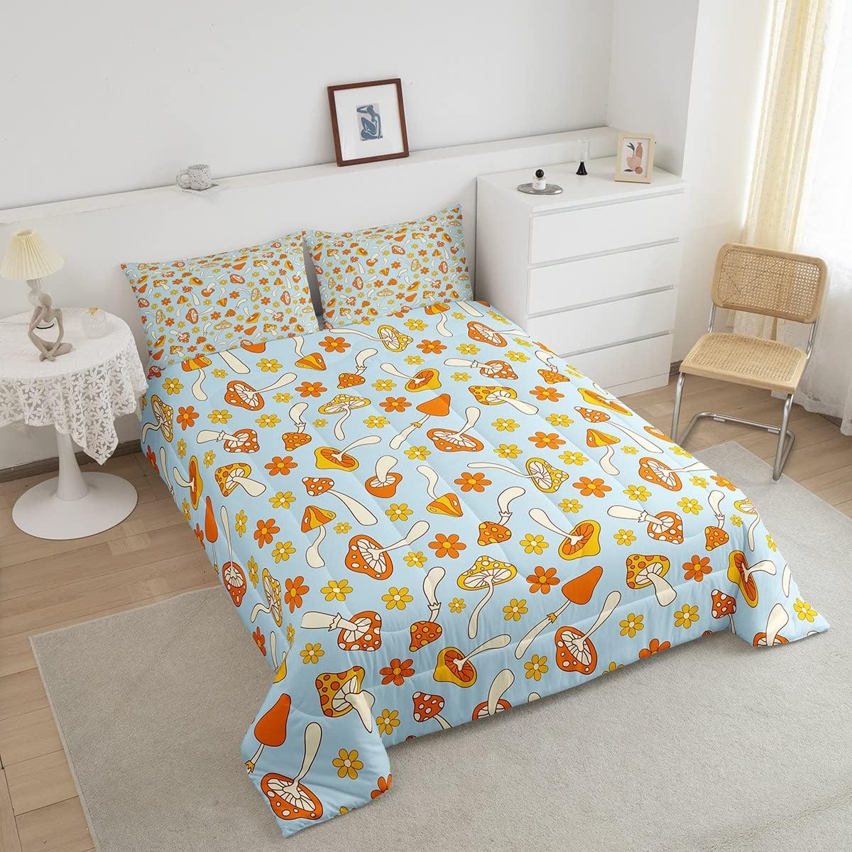 Erosebridal Juego de ropa de cama con diseño de hongos hippie para niños, diseño floral, bohemio, retro, de los años 70, decoración de edredón,