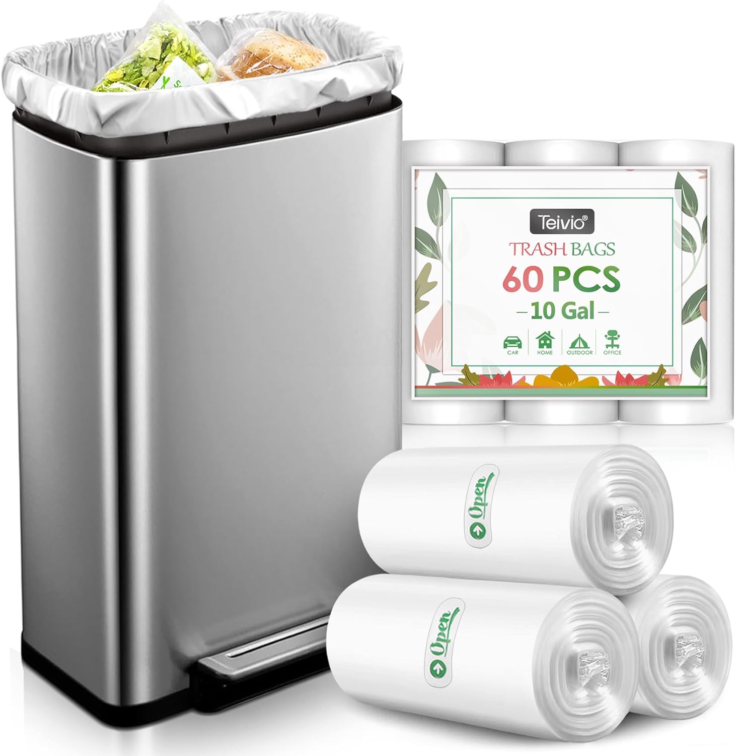 10 Gallon 60 Counts Strong Trash Bags Garbage Bags by Teivio, Bathroom Trash Can Bin Liners, Plastic Bags for home office kitchen, Clear
