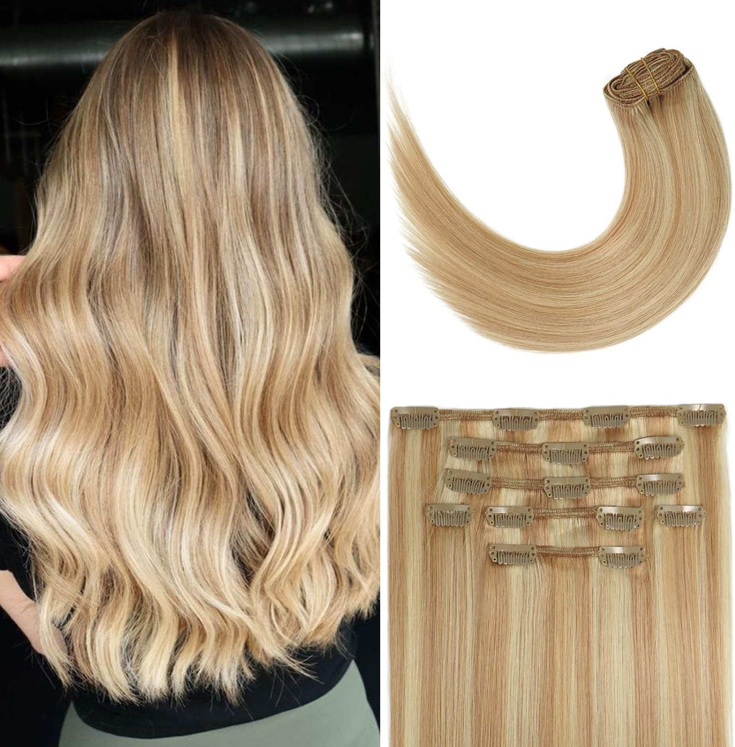 Extensiones de cabello humano real de color rubio fresa a rubio decolorado, extensiones de cabello humano real, 12 pulgadas, 7 unidades, 2.47 onzas,