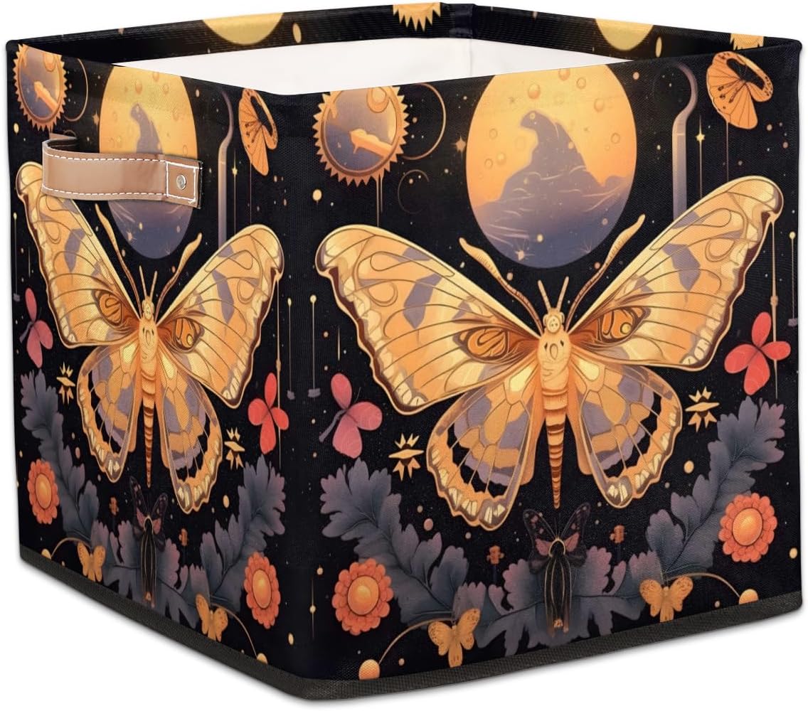 Moon Butterfly Cube – Contenedores de almacenamiento de 13 x 13 x 13 pulgadas, de tela abstracta, plegables, canastas con asas de poliuretano para