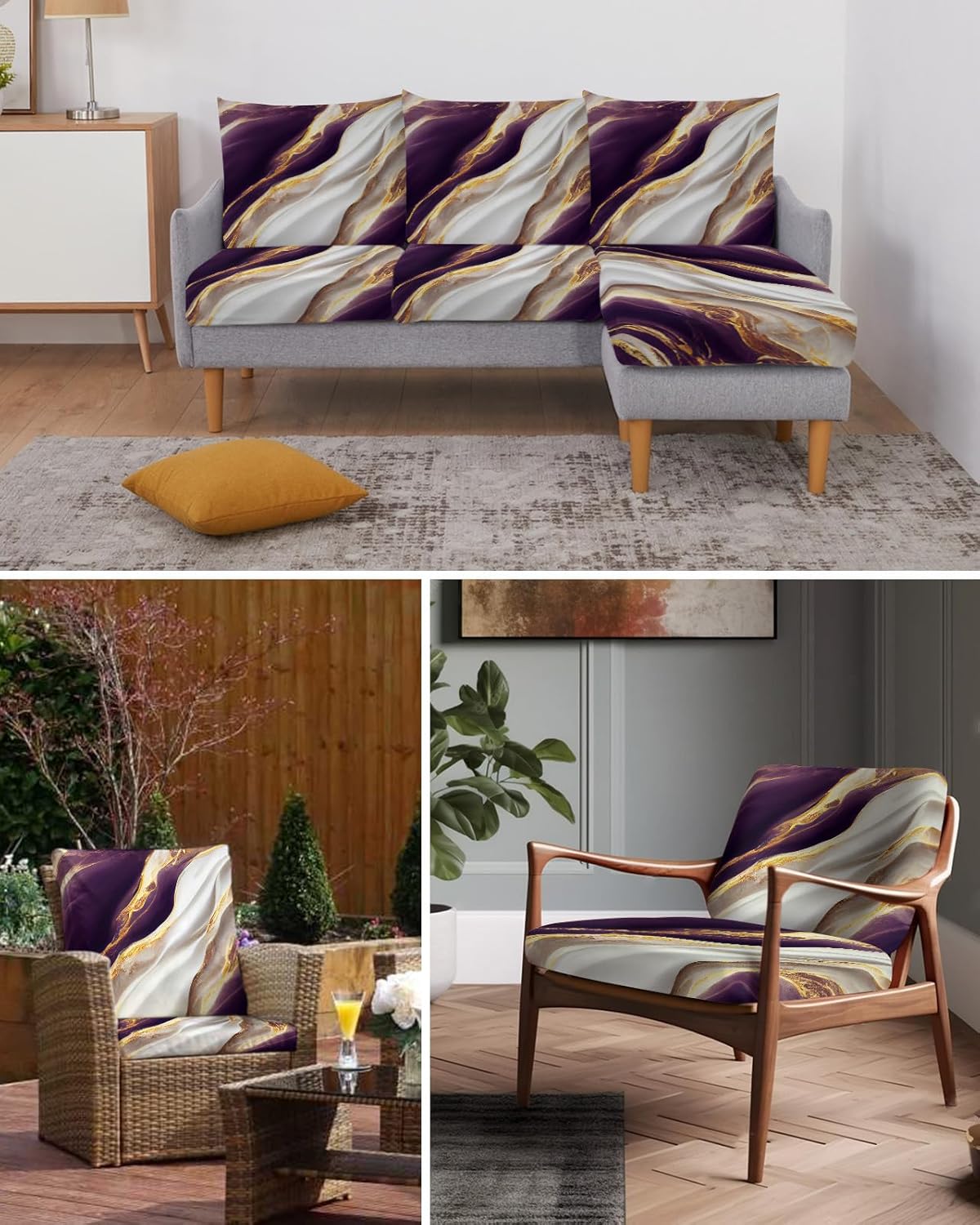 Fundas de cojín para sofá, diseño de mármol morado y dorado, textura de arte abstracto, elásticas para sofá, fundas protectoras de muebles para