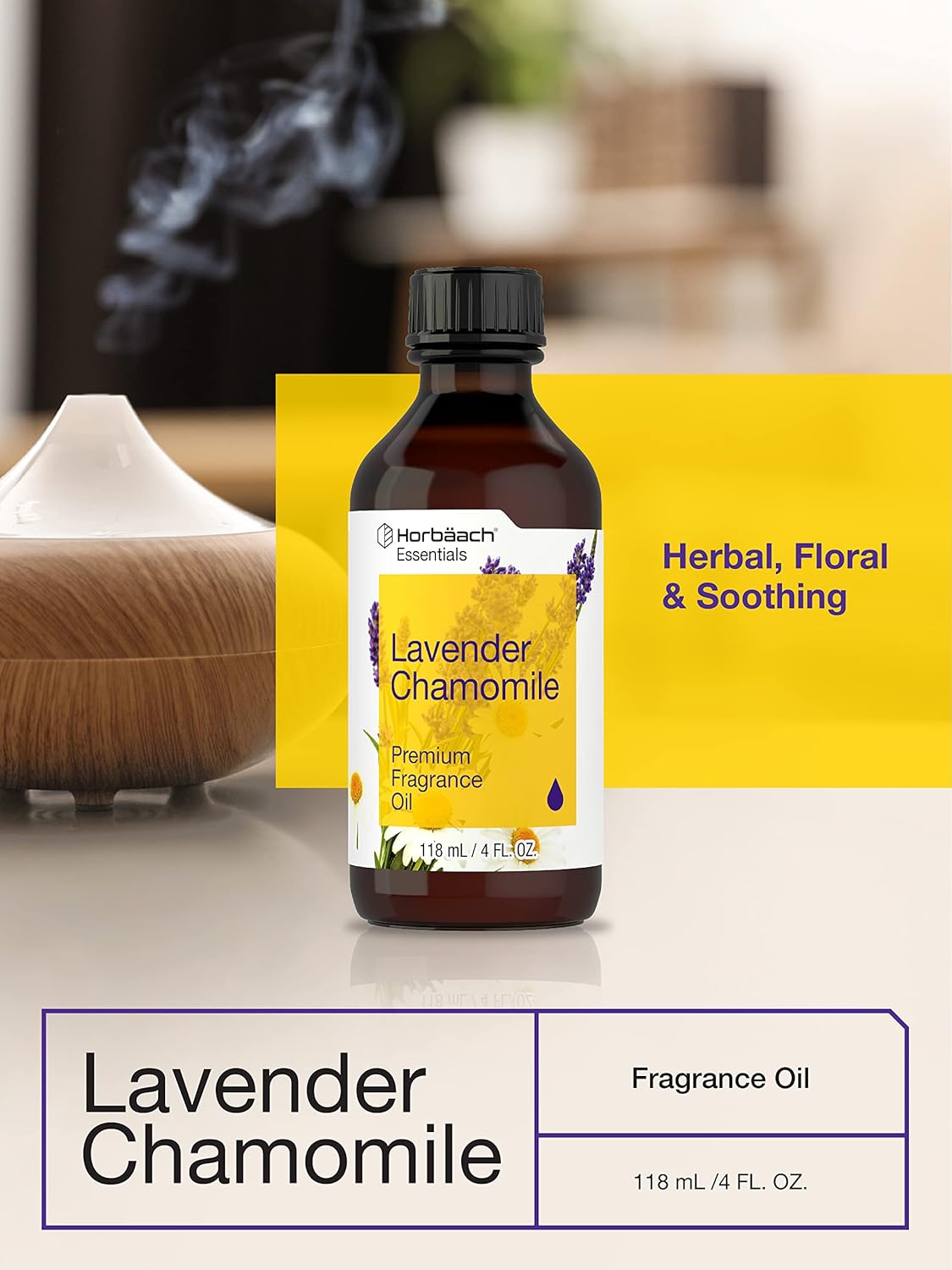 Horbäach Aceite aromático de manzanilla de lavanda  4 onzas líquidas (4.0 fl oz)  Grado premium  para difusores, fabricación de velas y jabón,