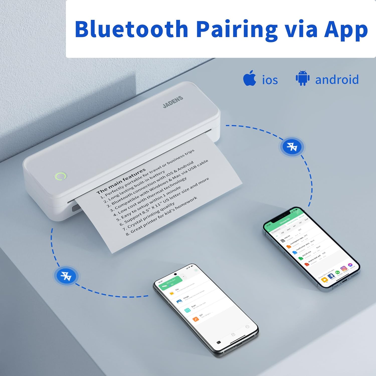 JADENS Impresoras portátiles inalámbricas para viajes, compatible con letras estadounidenses de 8.5 x 11 pulgadas, impresora térmica Bluetooth