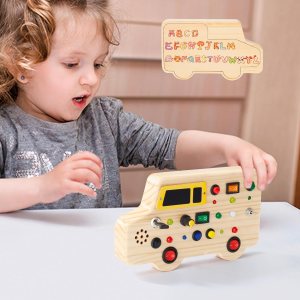 Montessori – Tabla de actividades de viaje, juguetes sensoriales con luces LED, tablero de madera para automóvil con diseño de doble cara, juguete Montessori – Tabla de actividades de viaje, juguetes sensoriales con luces LED, tablero de madera para automóvil con diseño de doble cara, juguete