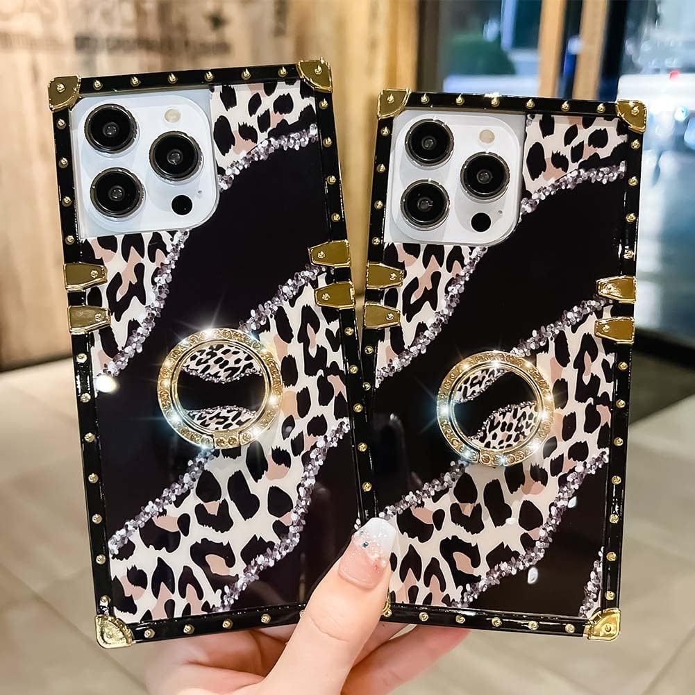 Funda cuadrada de lujo compatible con iPhone 15 Pro de 6.1 pulgadas, funda con soporte de diamante de leopardo, silicona suave y brillante a prueba