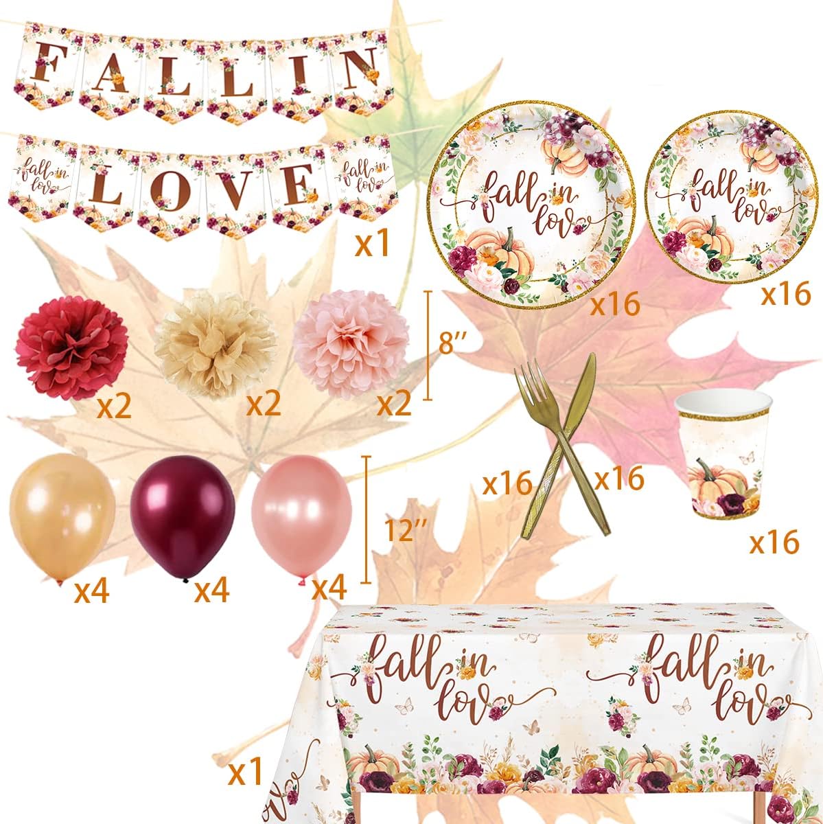 Juego de decoraciones de fiesta de otoño con diseño floral de calabaza, incluye manteles de otoño, plato de cena de enamoramiento, globos bohemios,