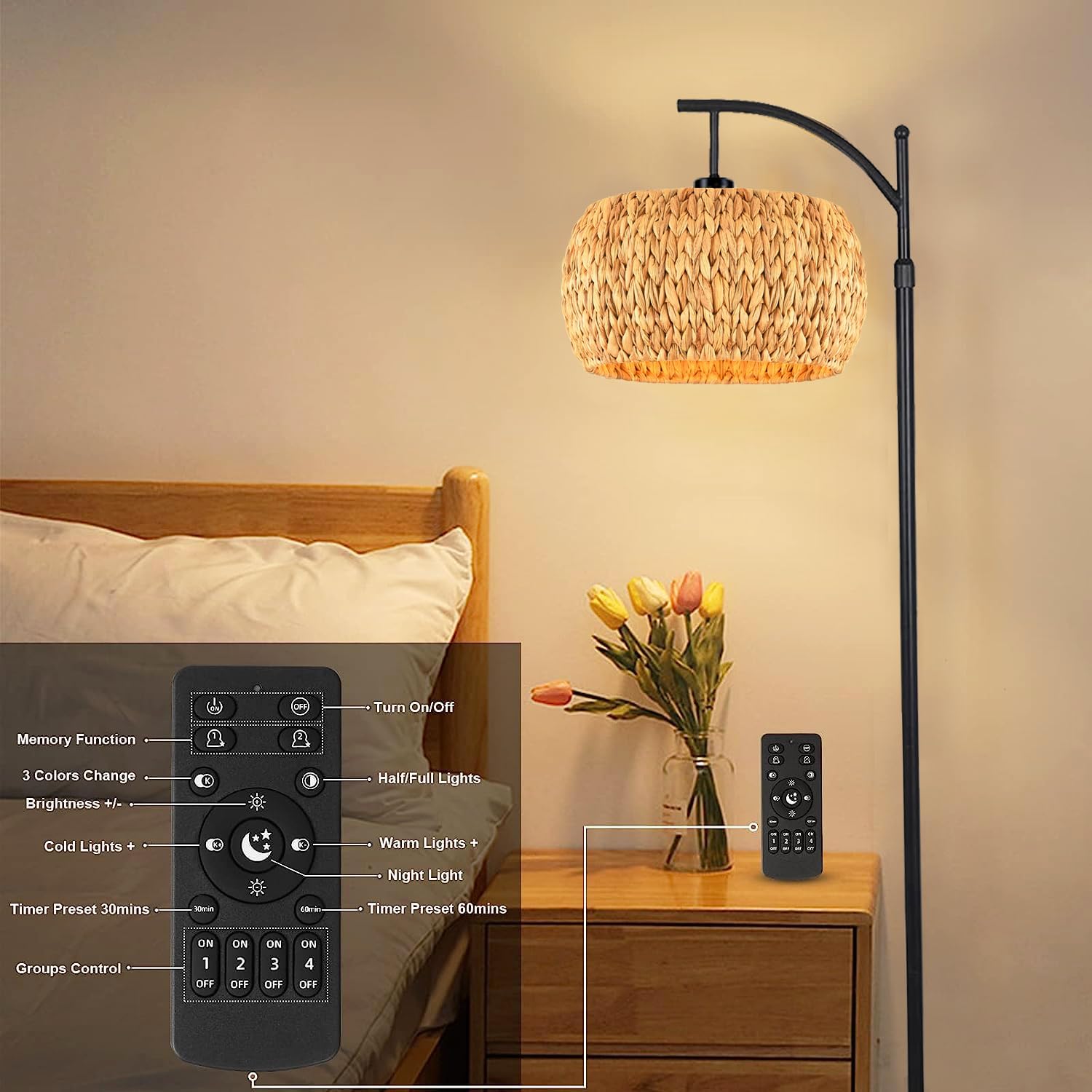 Lámpara de pie para sala de estar, dormitorio, ratán bohemio, lámpara de pie con mando a distancia regulable de mimbre negro, lámpara de bambú de