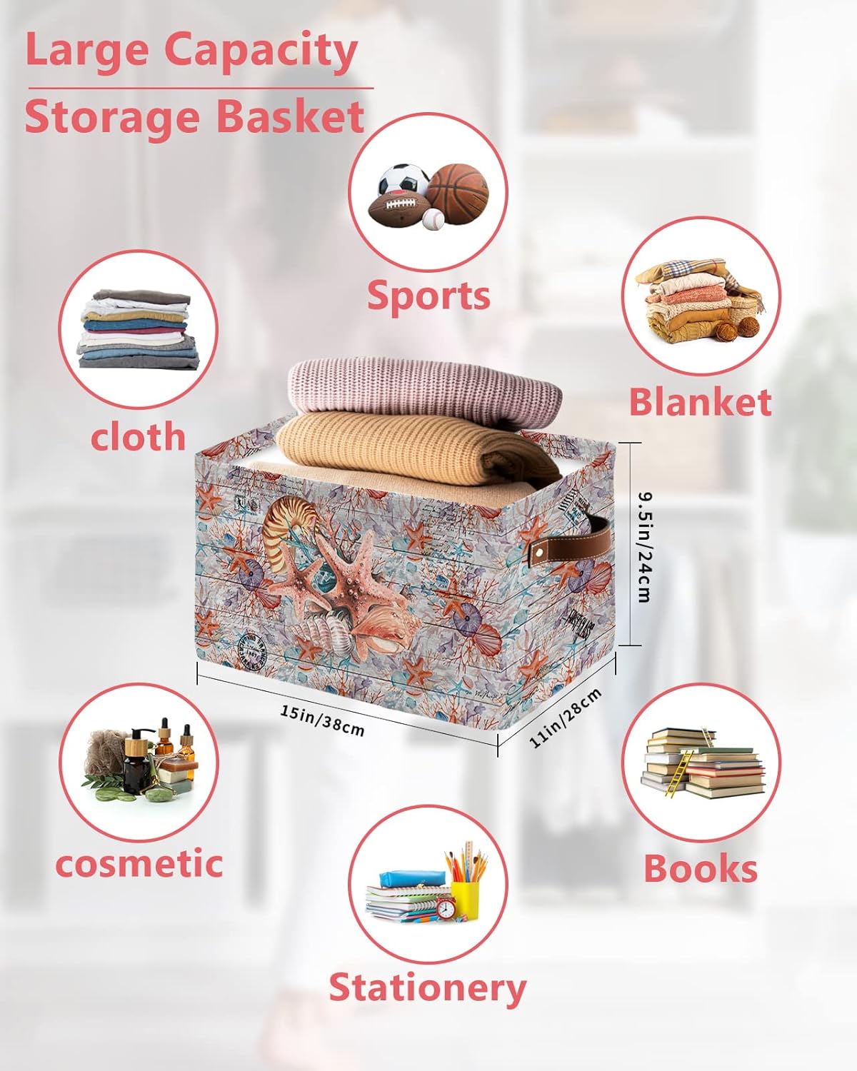 Storage Bins Cubes Waterproof Cloth Storage Basket, Rustic Ocean Starfish Foldable Storage Bags for Shelf Closet Clothes Storage Organizers with
