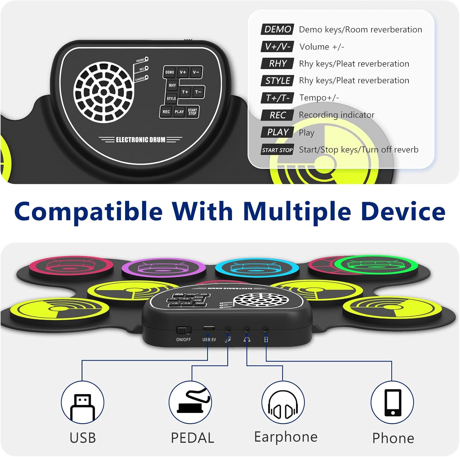 Juego de batería electrónica, 10 almohadillas enrollables, kit de batería de práctica con conector para auriculares, altavoces integrados, pedales