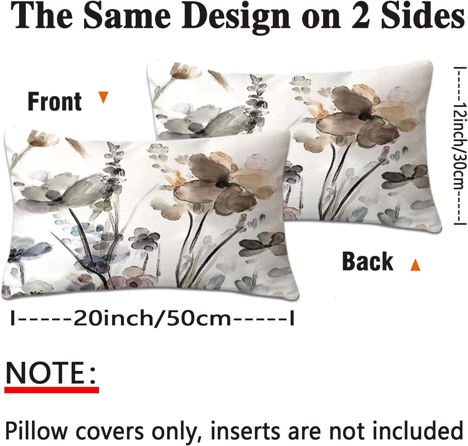 Juego de 2 fundas de almohada florales de 12 x 20 pulgadas, fundas de cojín con diseño de flores de acuarela verde azulado, marrón, crema y gris,