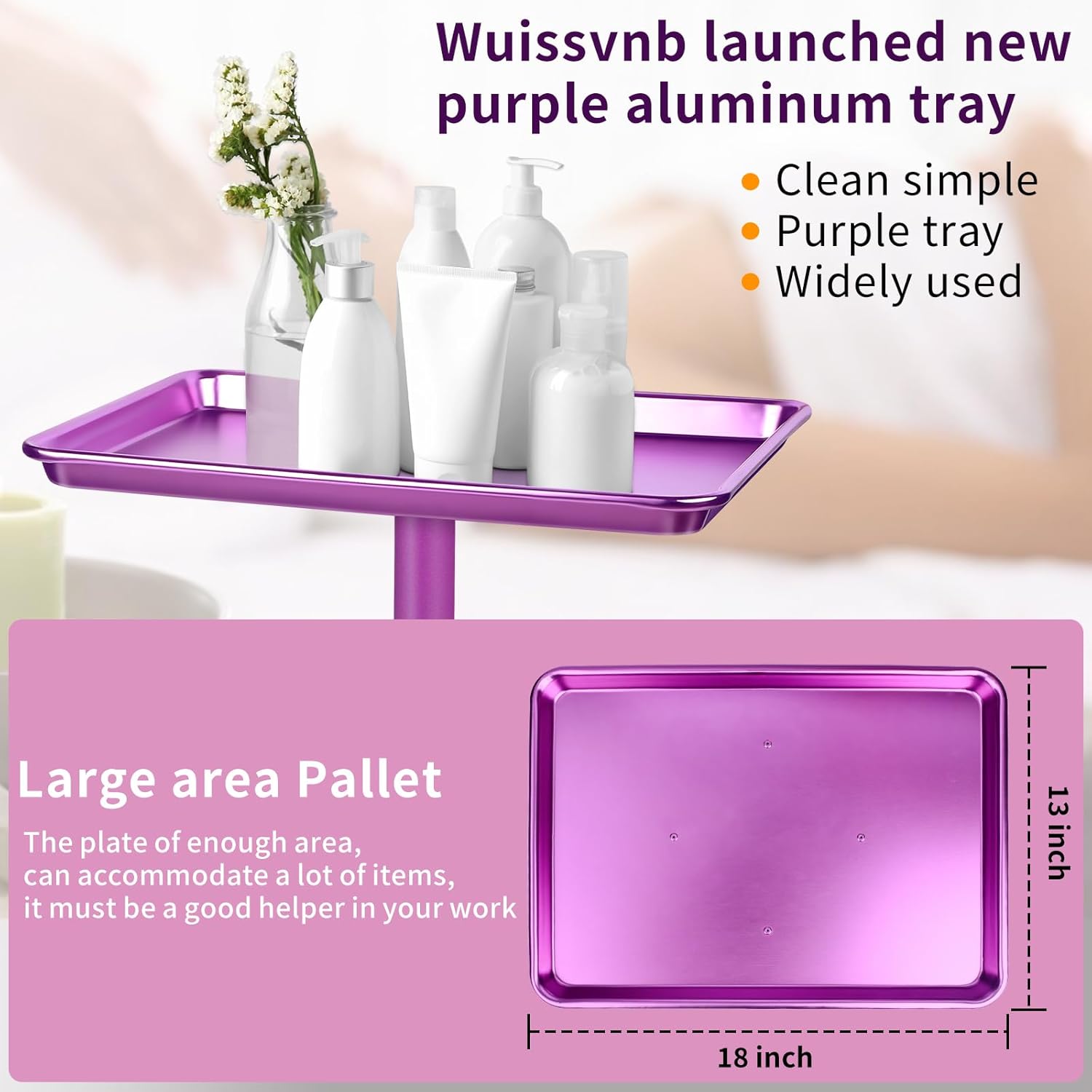 Wuissvnb Salon Tray, Salon Tray on Wheels, Premium Aluminum Salon Tray, Hair Stylist Tray, Tattoo Tray, Height Adjustable Salon Service Tray(Purple)