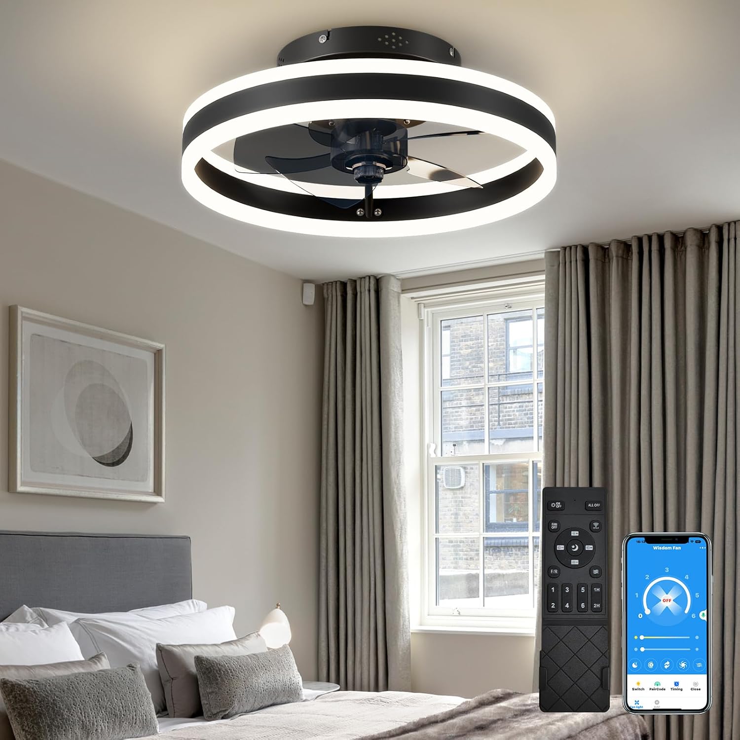 Ventilador de techo pequeño LED de perfil bajo de 15.7 pulgadas con luz, moderno, montaje empotrado semi-cerrado, aplicación inteligente y control