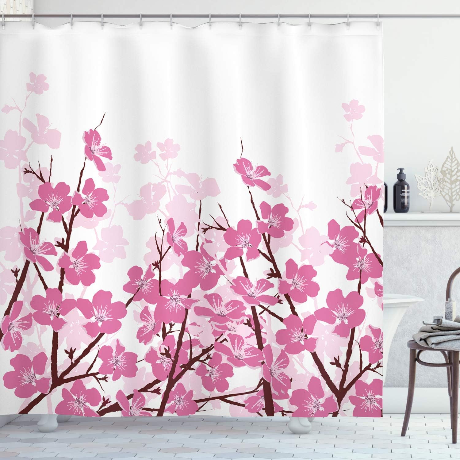 Ambesonne Cortina de ducha asiática, flor de cerezo japonés, Sakura con ramas, ilustración de jardín de flores de primavera, juego de decoración de