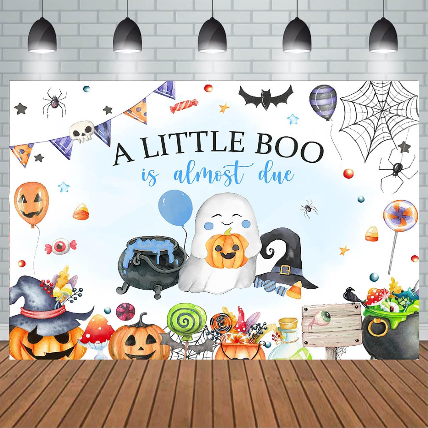 Blue A Little Boo – Telón de fondo para baby shower para niños, Halloween, calabaza, baby shower, fantasma, Halloween, baby shower, decoraciones de
