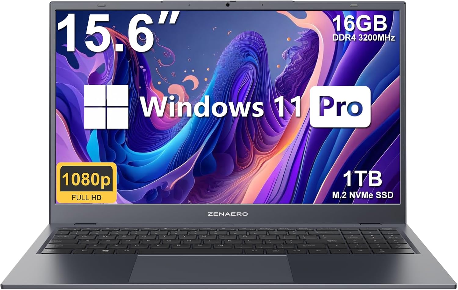 ZENAERO Laptop de 15.6″ 16GB RAM 1TB NVMe SSD, 12 Intel Alder Lake-N100 (4C4T, hasta 3.4GHz) Pantalla FHD IPS (1080P)Función Completa Tipo-CGigabit