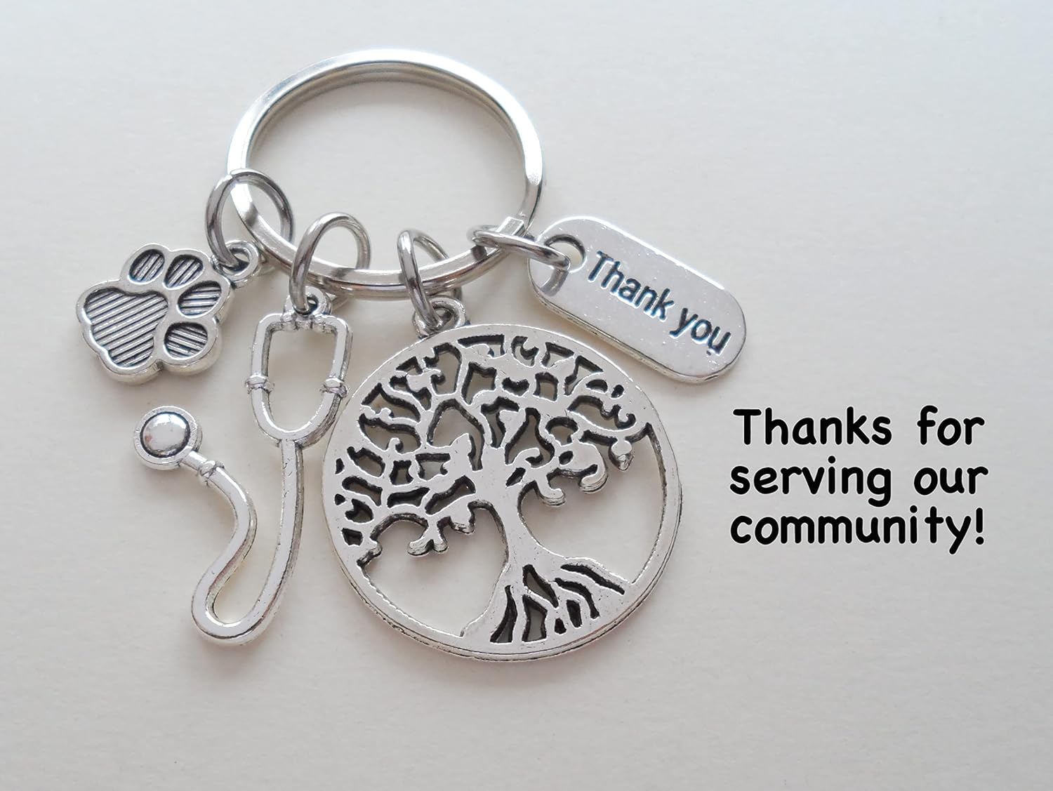 Veterinarian Appreciation Keychain, Veterinary Hospital Staff Gift, Pet & Animal Care Medical Professional Tree, Paw Print, Stethoscope, & Thank You