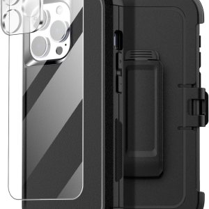 AICase Funda para cinturón compatible con iPhone 15 Pro + protector de vidrio + lente de cámara, resistente de 3 capas de protección de grado AICase Funda para cinturón compatible con iPhone 15 Pro + protector de vidrio + lente de cámara, resistente de 3 capas de protección de grado