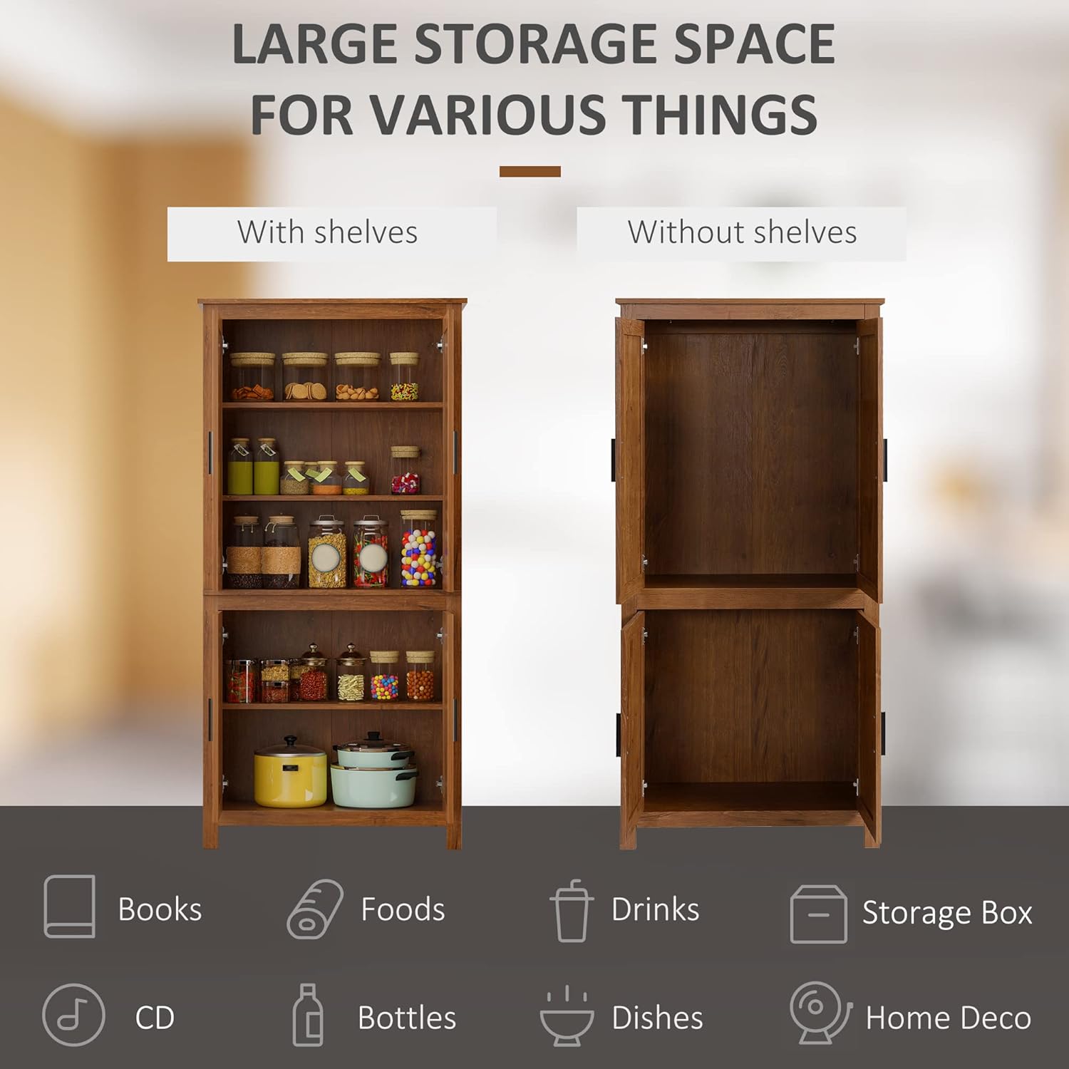 HOMCOM Despensa de cocina de 4 puertas de 64 pulgadas, armario de almacenamiento independiente con 3 estantes ajustables para cocina, comedor o sala