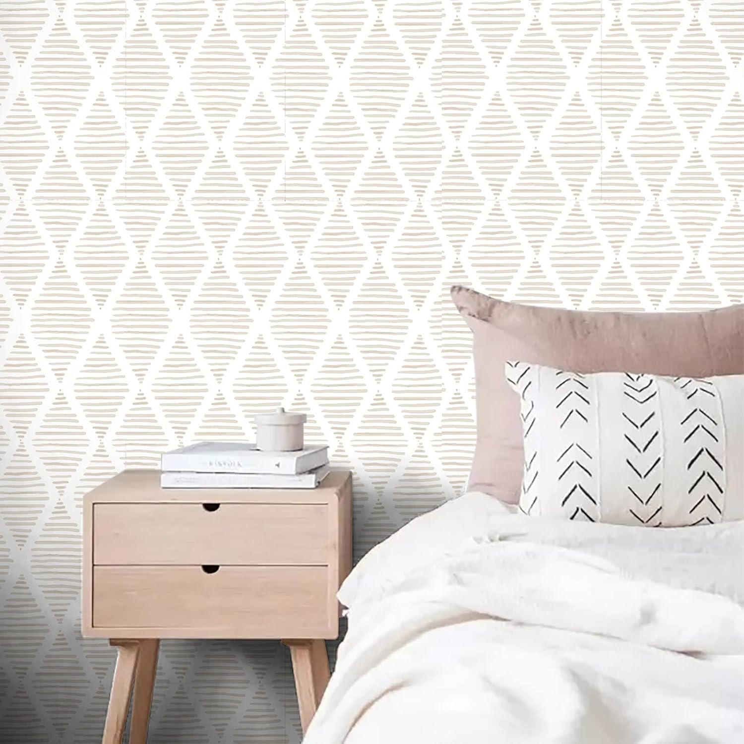 Yun-aeon Papel tapiz de rayas blancas y beige, 17.7 x 240 pulgadas, moderno papel de contacto de diamante geométrico extraíble, papel tapiz