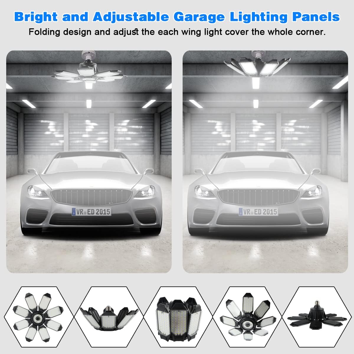 POLARPRA Luz LED de garaje  200 W 20000 lm súper brillante 6500 K luces de garaje LED de techo con 8 paneles ajustables compatibles con enchufe de
