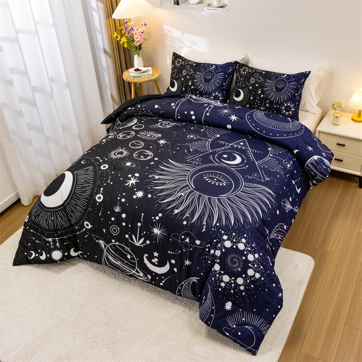 Holawakaka Juego de edredón con estampado de constelaciones de estrellas, luna, tamaño individual, para niñas y niños, juego de ropa de cama con