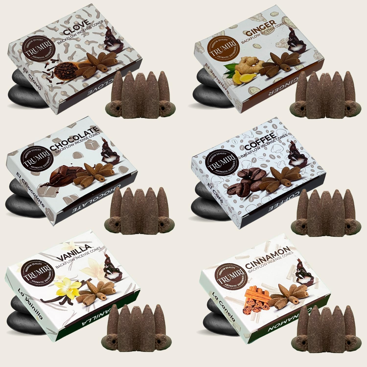 Trumiri Conos de incienso gourmet de reflujo  Paquete variado  Total 60 conos de incienso cascada (6 aromas x 10 conos)  Vainilla, canela, café,
