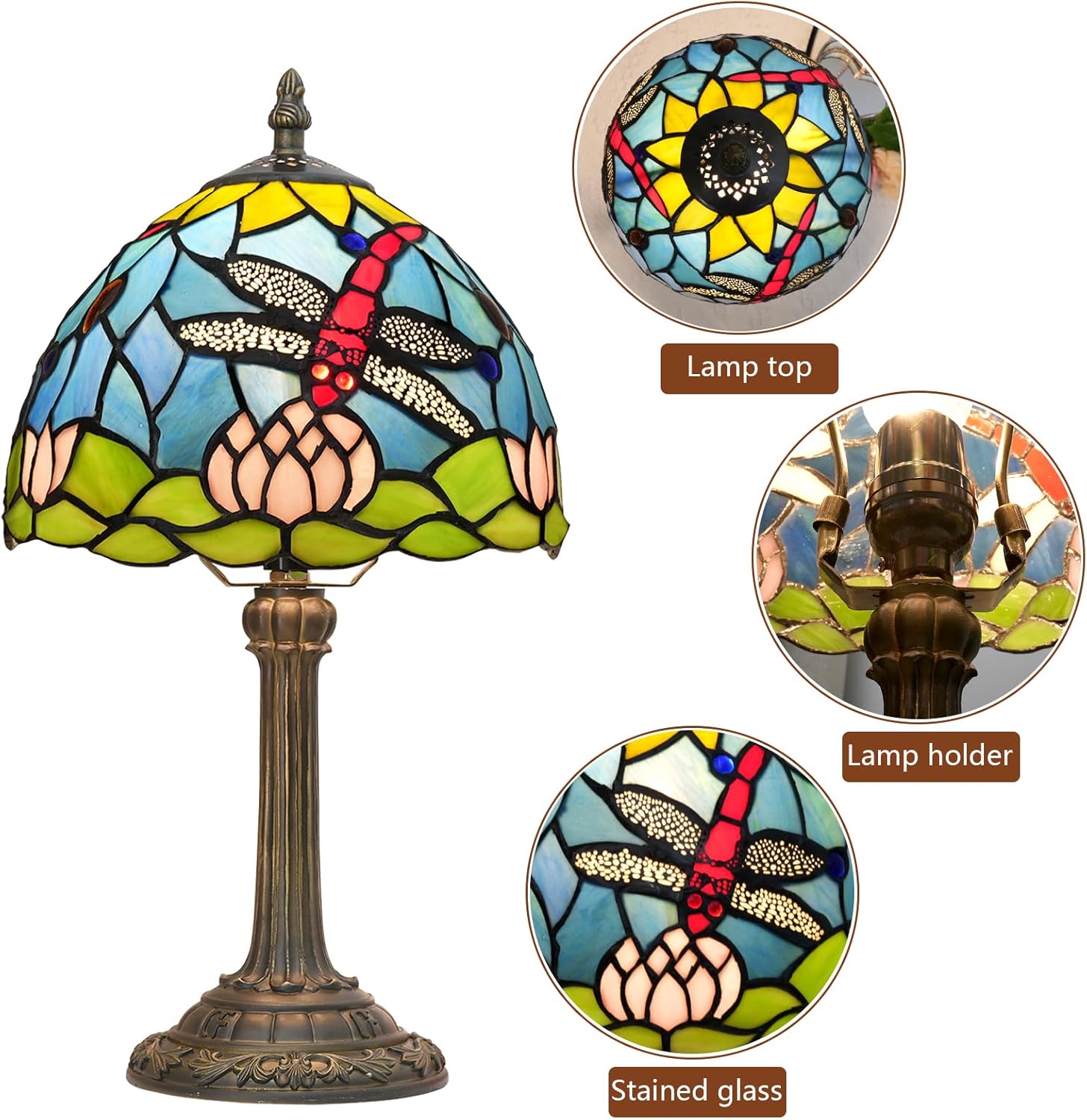 Blivuself Lámpara de mesa estilo Tiffany con flores de loto y libélula para sala de estar, dormitorio, decoración de mesita de noche, azul, pequeña,