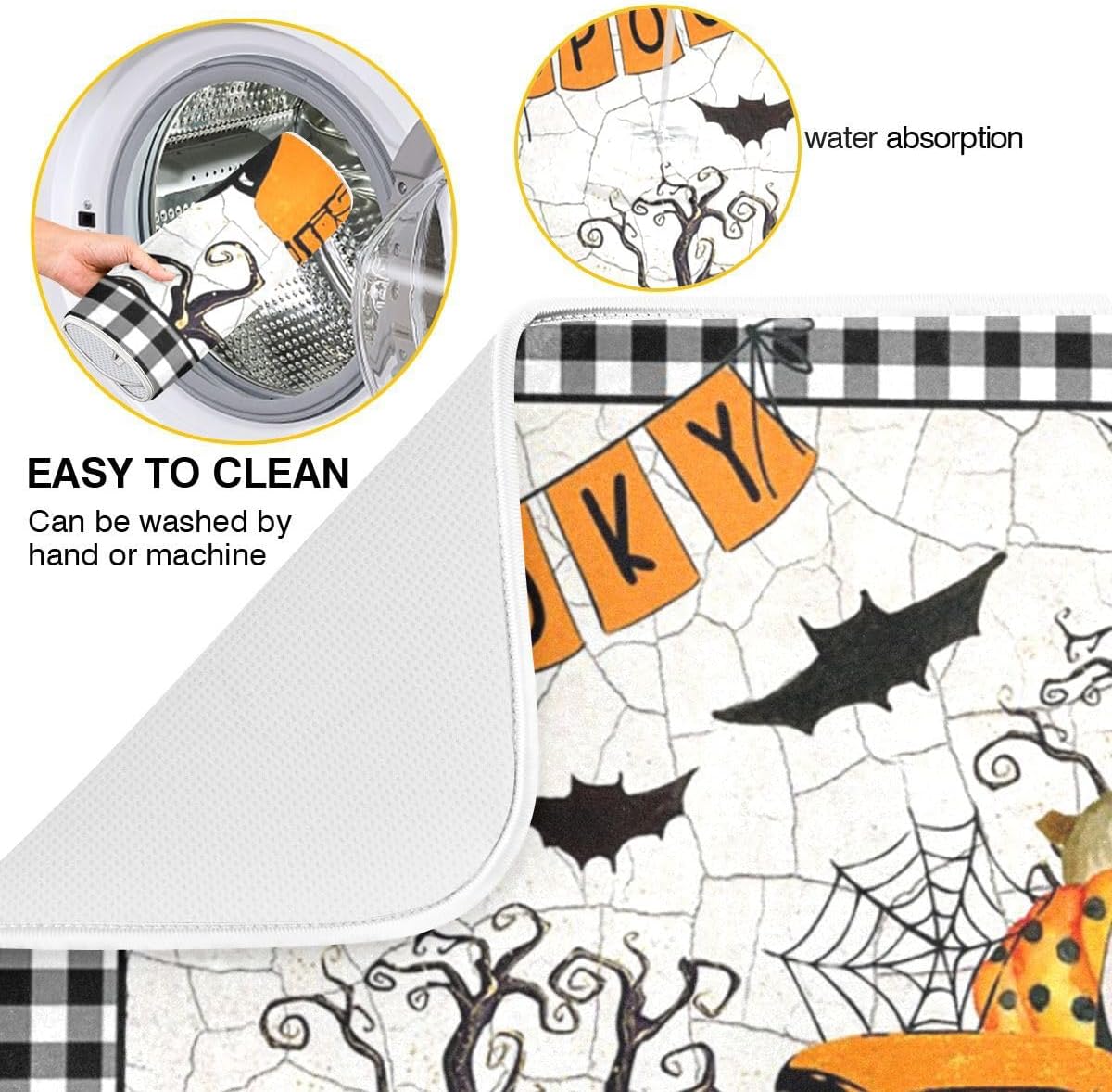 Tapete de secado de platos con diseño de calabaza y camión de Happy Halloween, tapete de secado de microfibra absorbente reversible para platos de