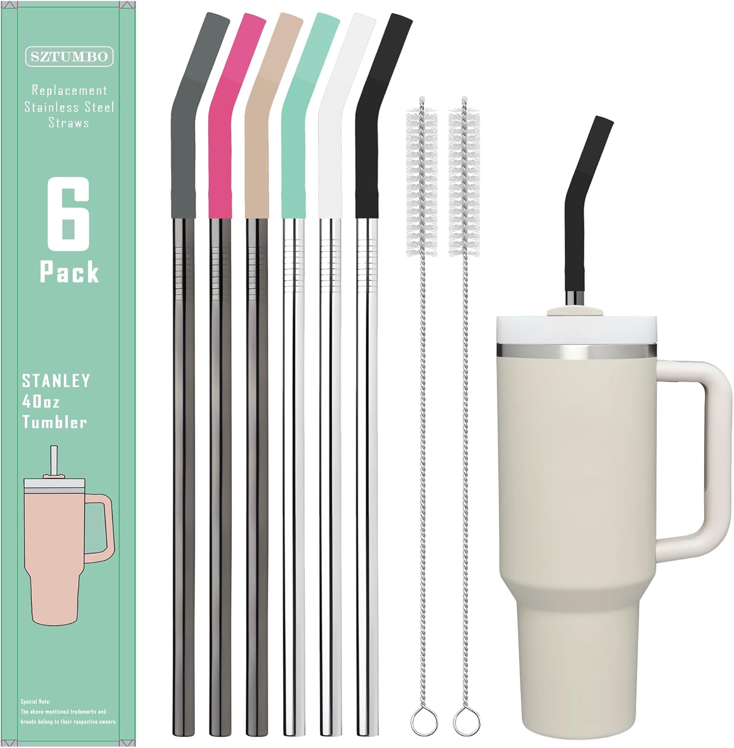6 popotes rectos reutilizables de acero inoxidable de 12 pulgadas, con 6 puntas flexibles de silicona y 2 cepillos de limpieza, para vaso Stanley,