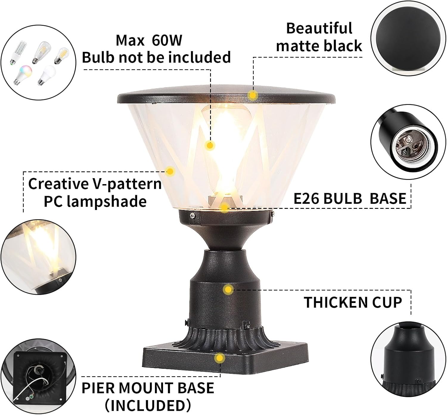 Zanritelit Luz de poste no solar con pantalla de vidrio para entrada, césped, patio, jardín, granja, negro mate, impermeable, lámpara de poste