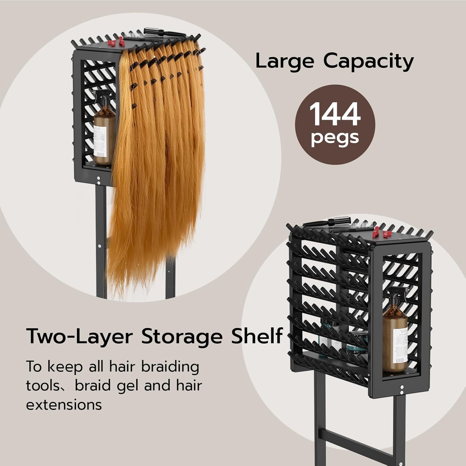 Rejilla negra para trenzar el cabello, estante de doble cara con 4 ruedas y 2 estantes de almacenamiento, estantes de madera para trenzadores,