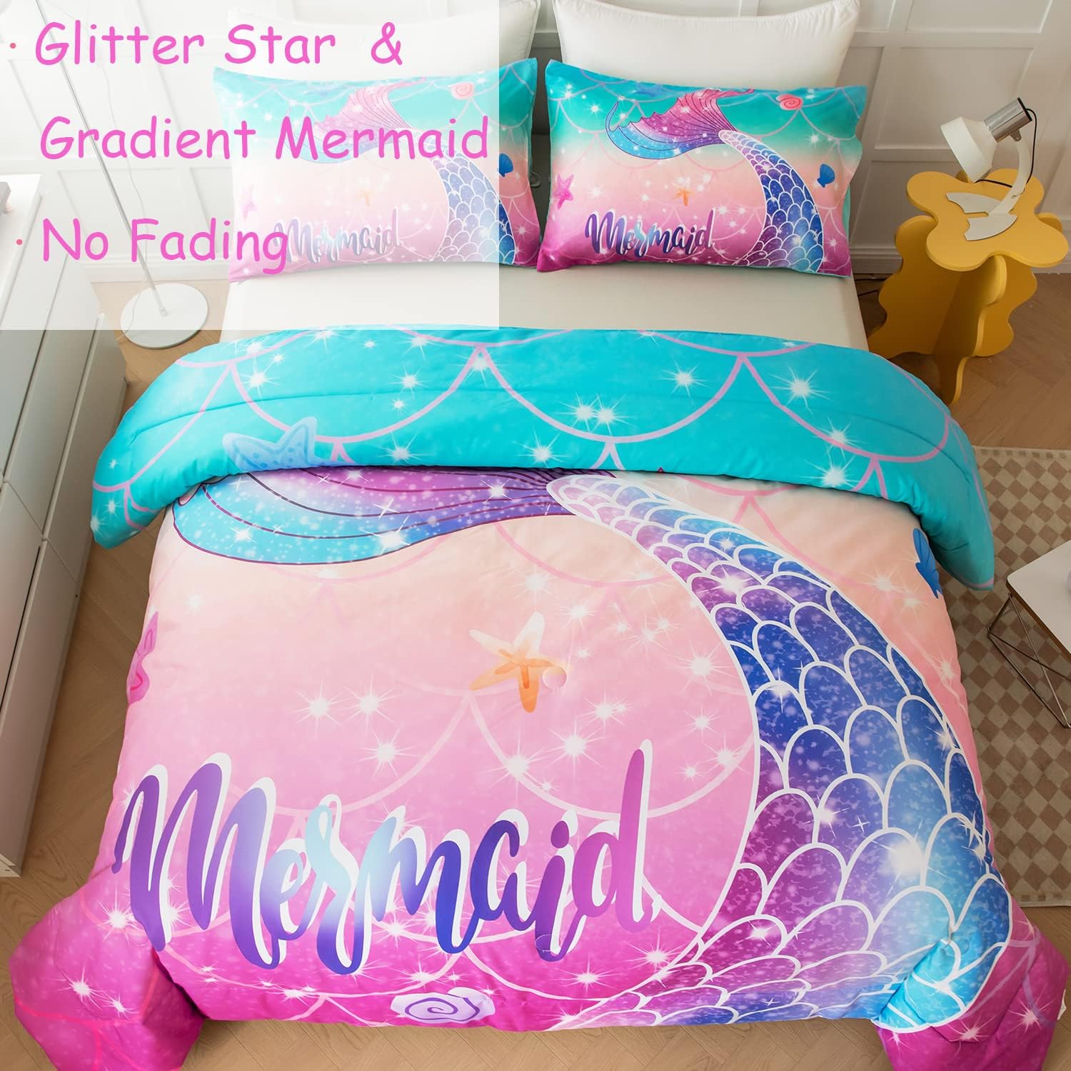 Juego de edredón de sirena tamaño matrimonial para niñas, color rosa, morado, verde azulado, degradado, para todas las estaciones, juego de ropa de