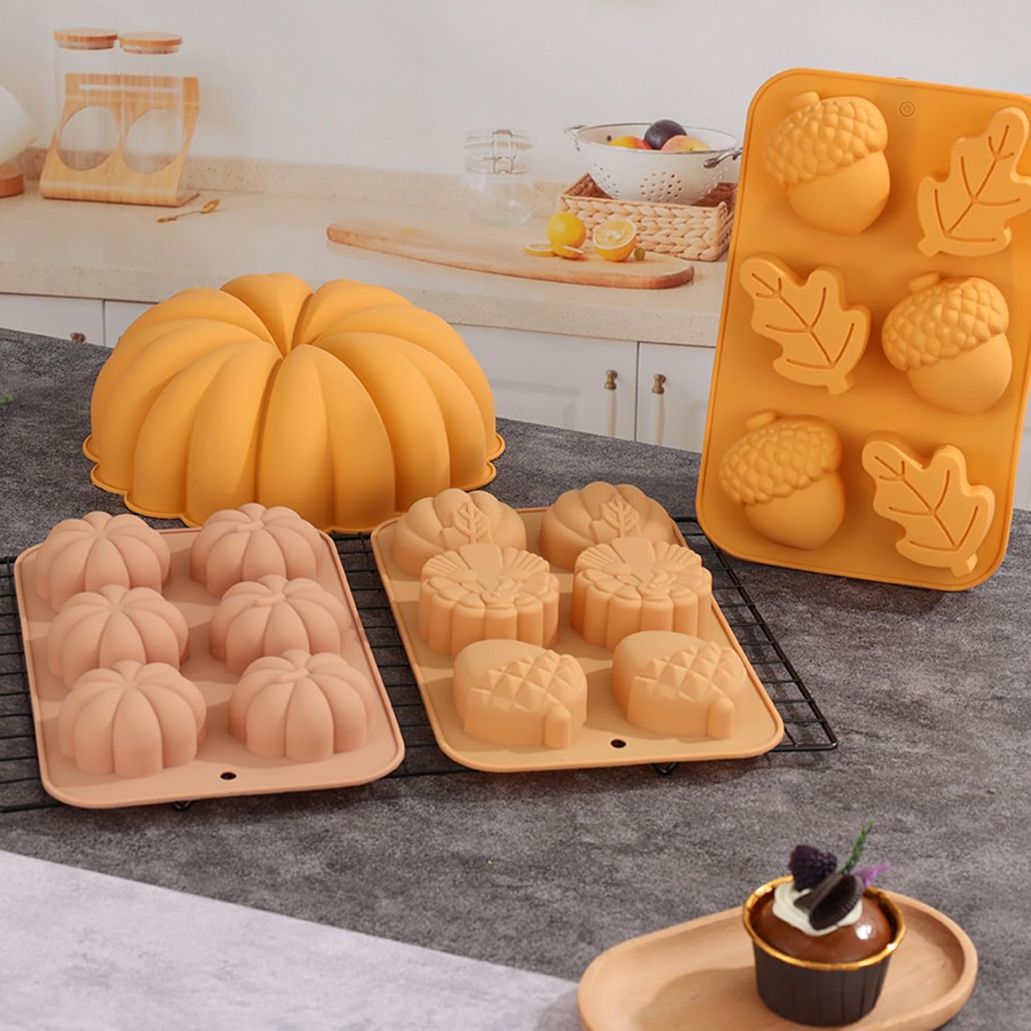 Moldes de silicona de otoño para chocolate, hojas de arce, 2 moldes de silicona de calabaza, bellotas y calabazas, moldes 3D de caramelo de