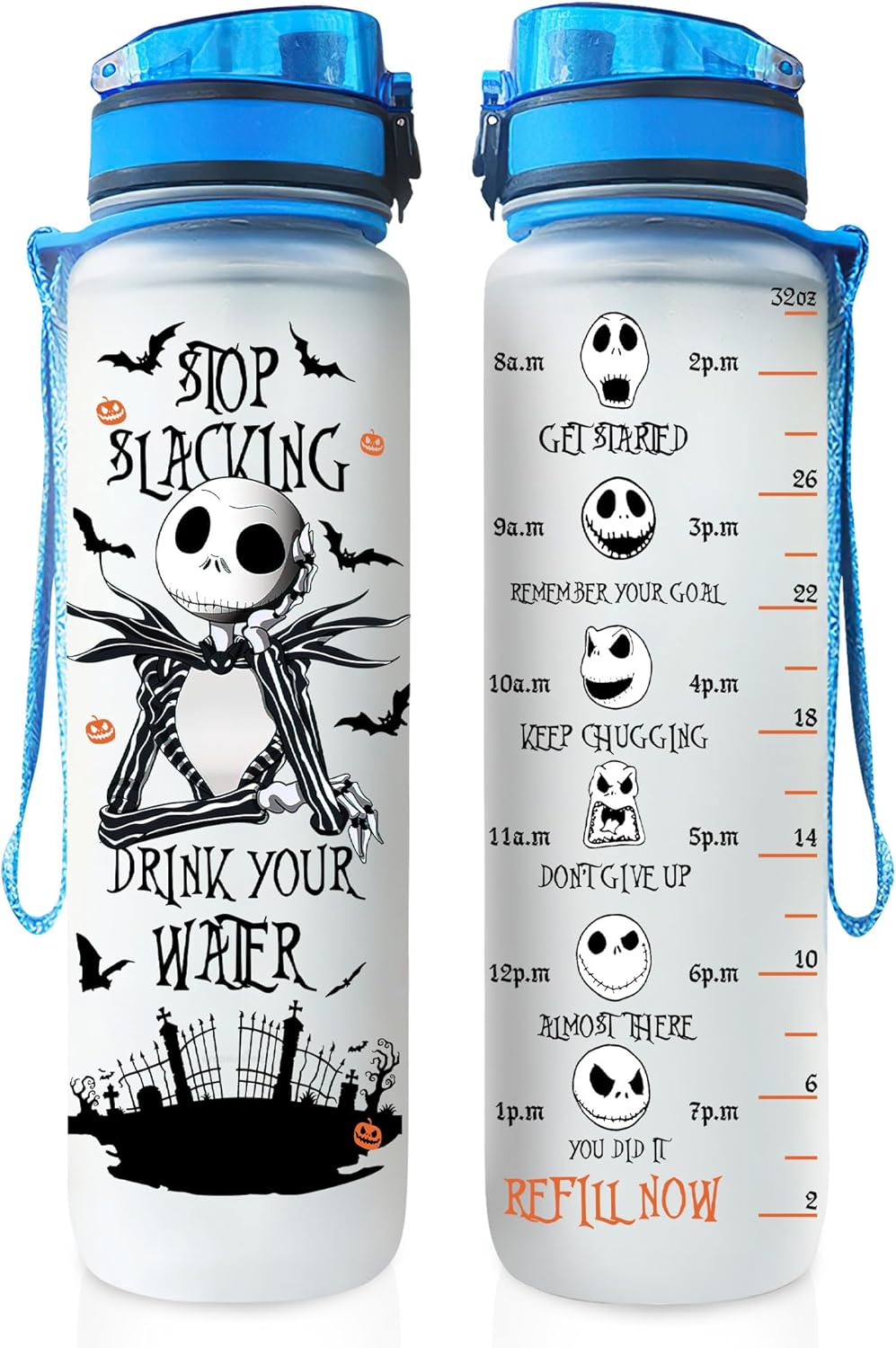 GEPOSTORE Jack Pumking King – Botella de agua deportiva motivacional de 32 onzas con marcador de tiempo, hora de beber, regalos para Halloween