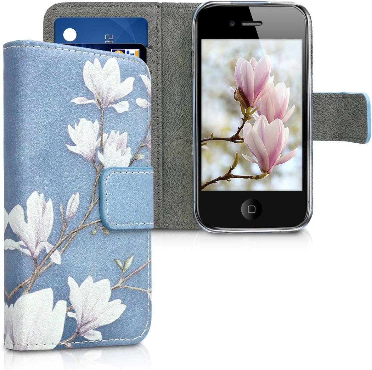 kwmobile Funda tipo cartera compatible con Apple iPhone 4 y 4S, magnolias gris topo, blanco, azul y gris