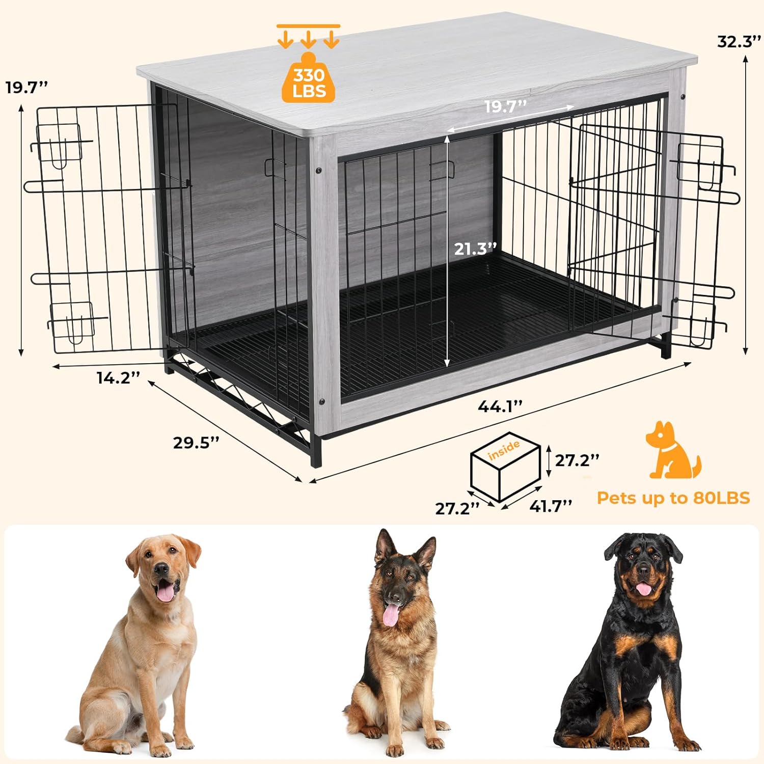 TLSUNNY Muebles de jaula para perros, mesa de madera de 44.1 pulgadas, perrera de interior con 2 puertas, moderna jaula para perros con bandeja
