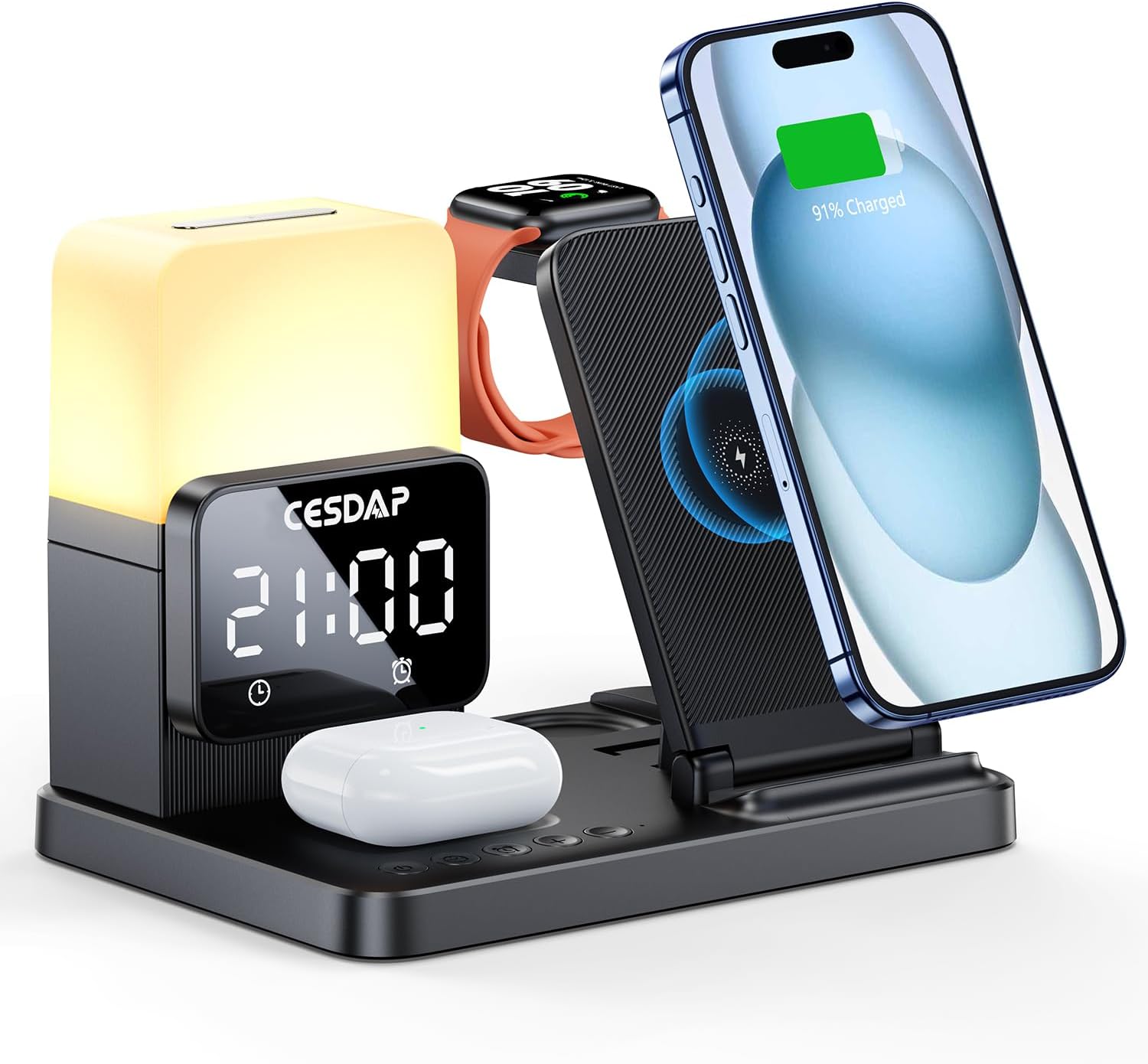 C3 Pro – Estación de carga plegable 6 en 1 para múltiples dispositivos con luz de reloj despertador, cargador de 18 W para iPhone 1514131211 para