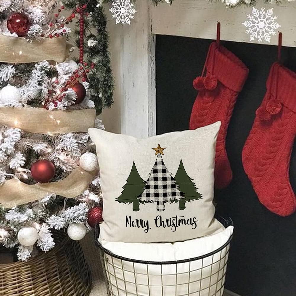 4 fundas de almohada de Navidad de 18 x 18 pulgadas, fundas de almohada decorativas rústicas a cuadros de búfalo para decoración de Navidad, fundas