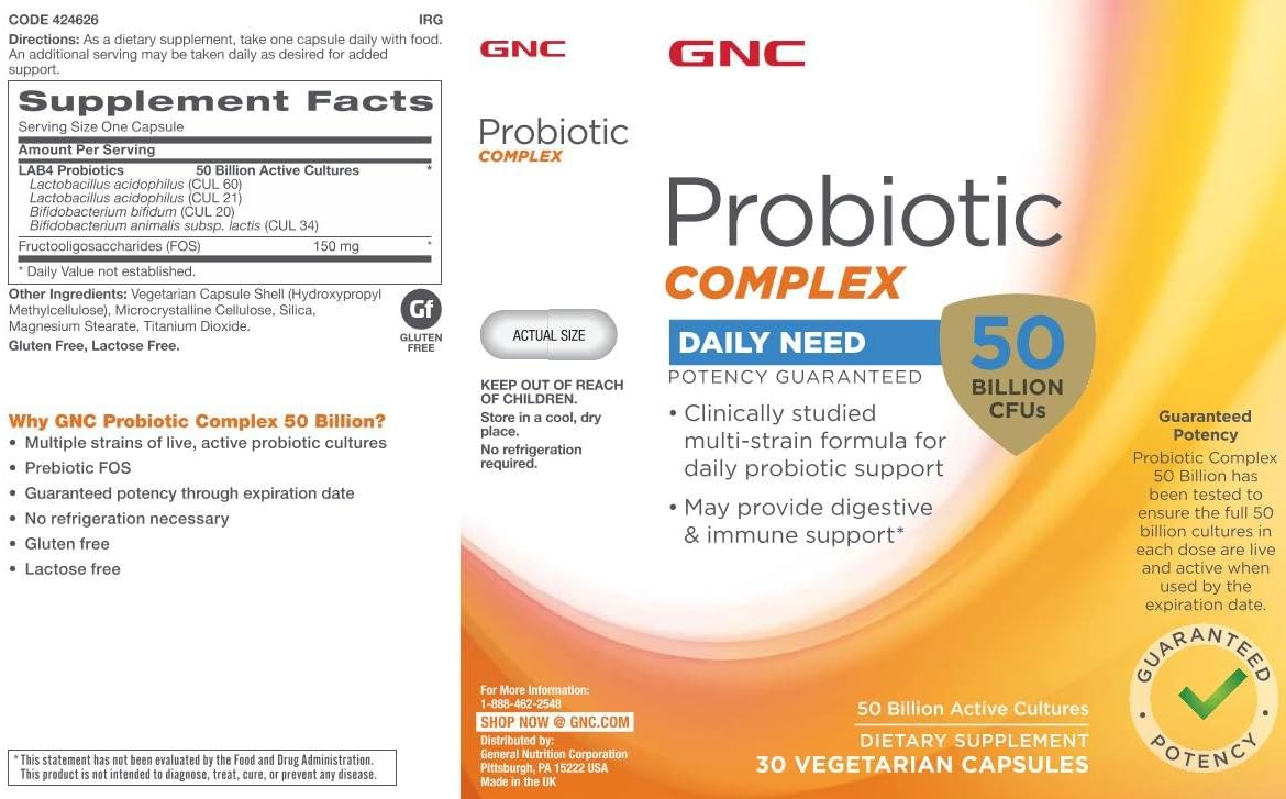 GNC Probiotic Complex Daily Need with 50 Billion CFUs Clinically Studied Multi-Strain Supports Digestive and Immune Health Vegetarian 30 Capsules - Imagen 5