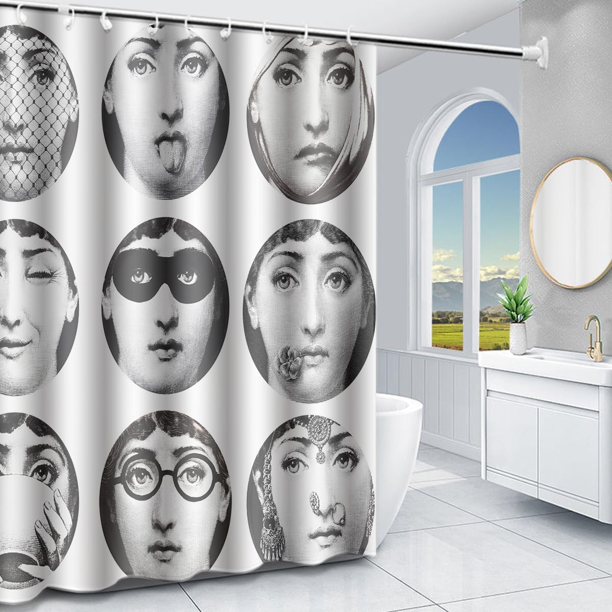 Cortina de ducha decorativa de tela impermeable de 72 x 72 pulgadas, diseño de Piero Fornasetti de Italia Piero Fornasetti con 12 ojales y ganchos