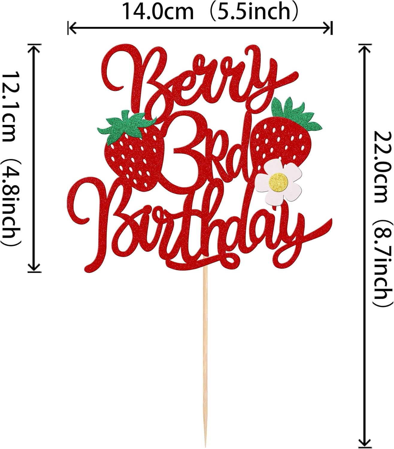 1 pieza de fresa y bayas para pastel de tercer cumpleaños con purpurina y tema de fruta dulce, selección de pastel de fresa para temática de fresa,