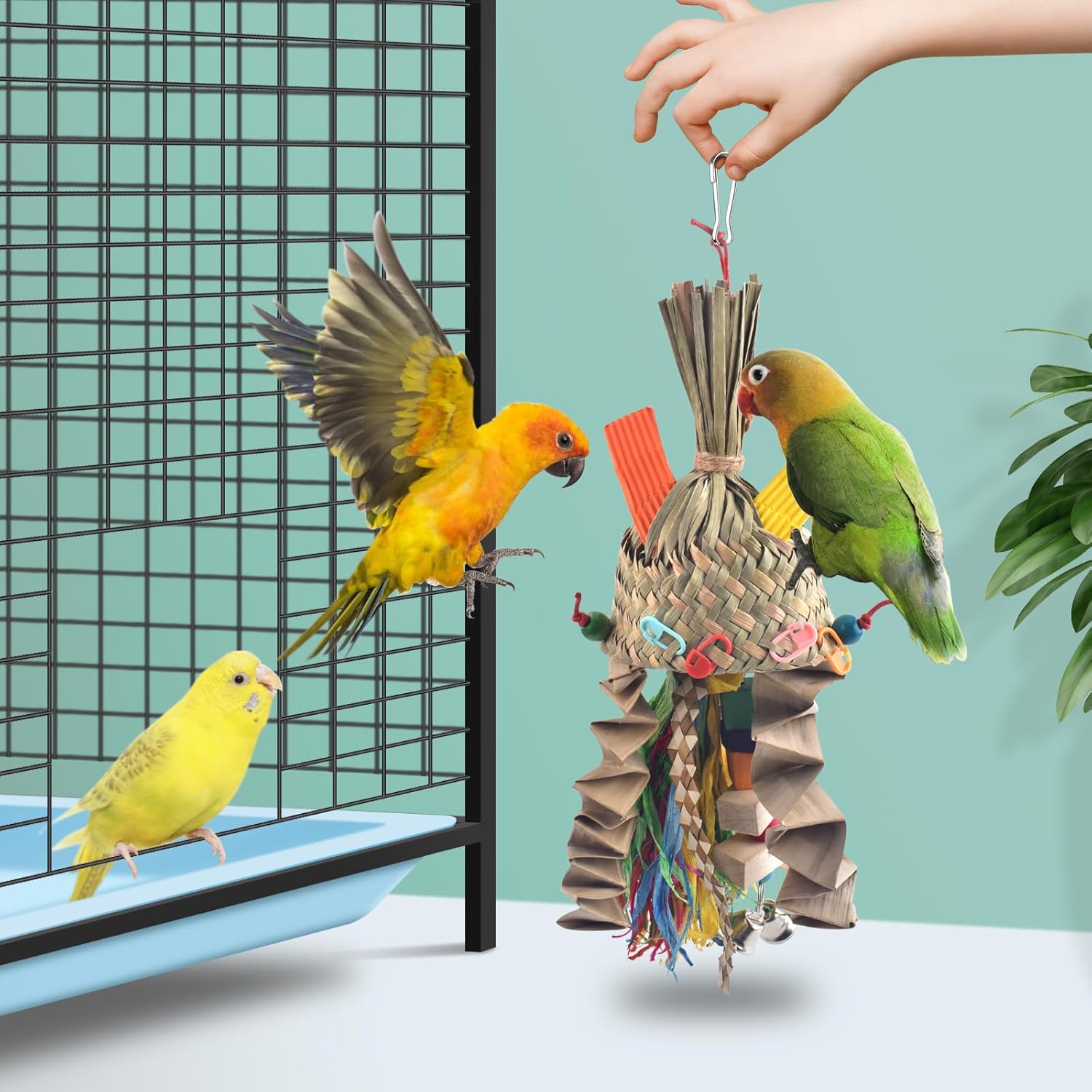 Bissap Juguetes para masticar pájaros, periquito tejido natural palmera frágil, juguetes para triturar loro colgante jaula juguete para loros,