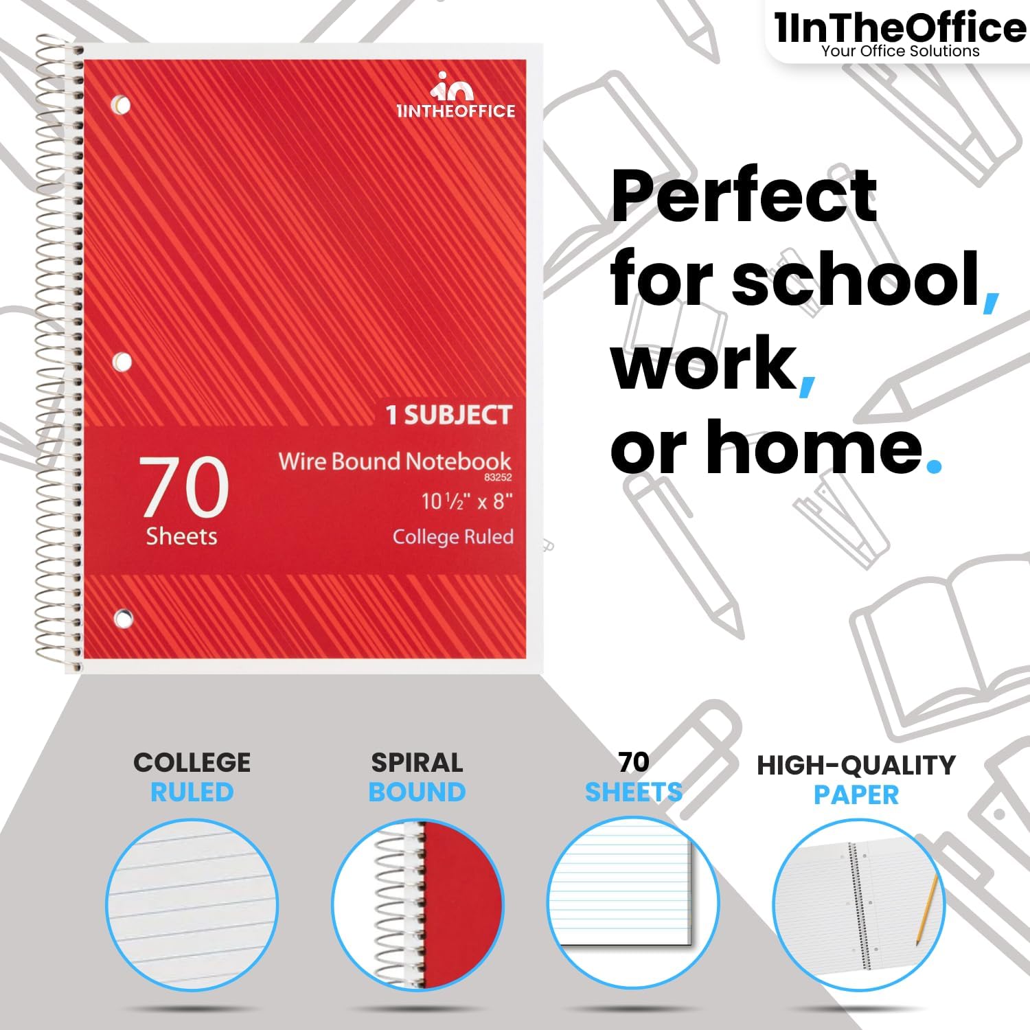 1InTheOffice Cuaderno de espiral con rayas universitarias de 10.5 x 7.5 pulgadas, cuadernos de 1 materia, cuadernos de espiral encuadernados con