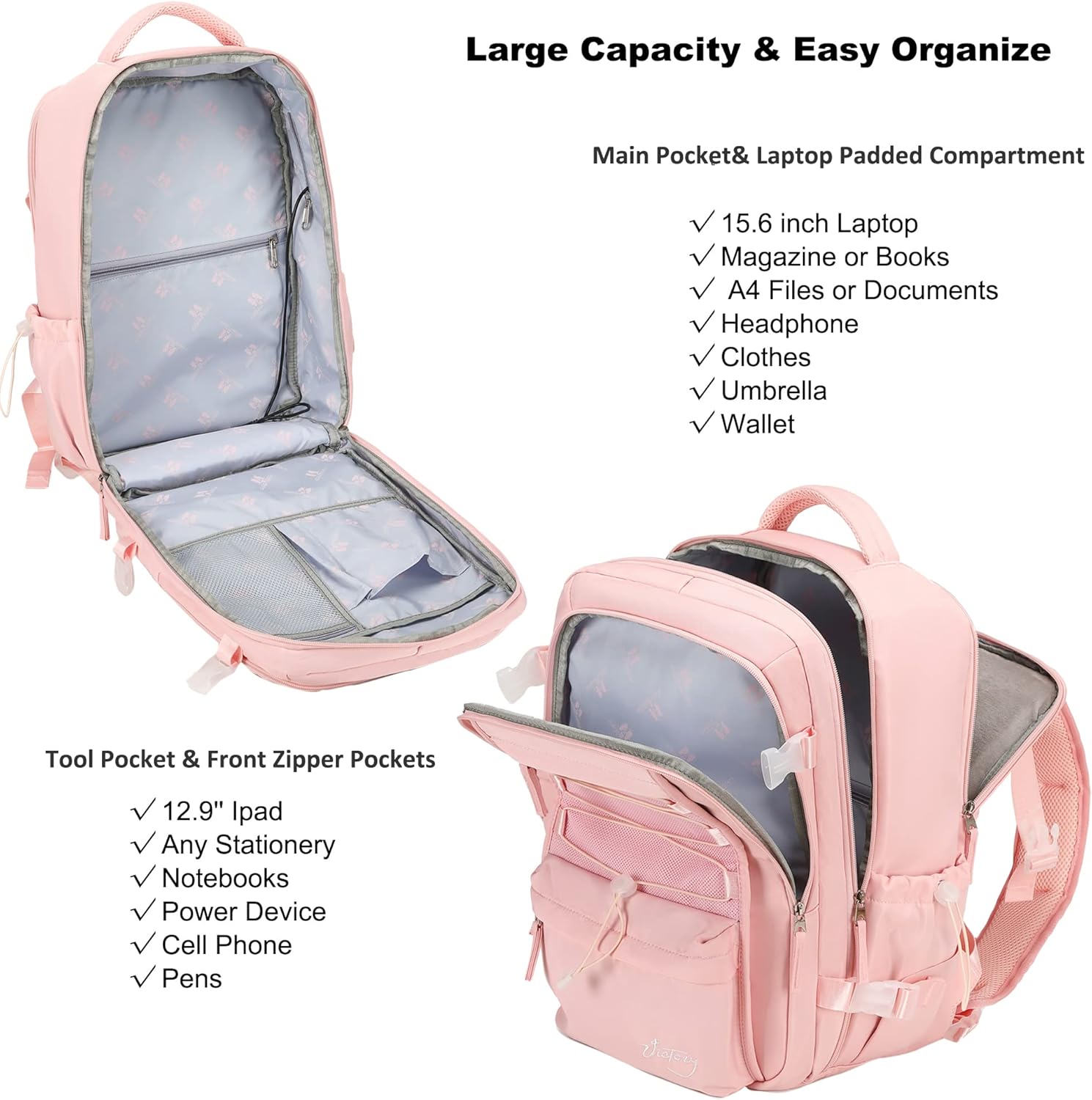 AO ALI VICTORY Mochila de viaje para mujeres y hombres, mochilas para laptop con puerto USB, mochila grande para escuela, universidad, Rosado,