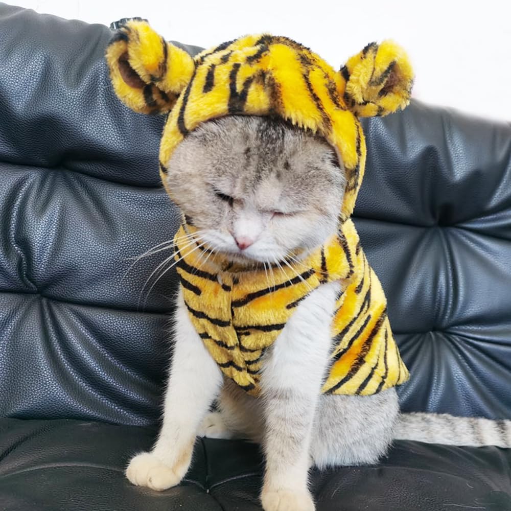Disfraz de tigre para perro pequeño para Halloween y mascotas, ropa de cosplay de vellón cálido con capucha para perro, chaqueta de invierno y gato