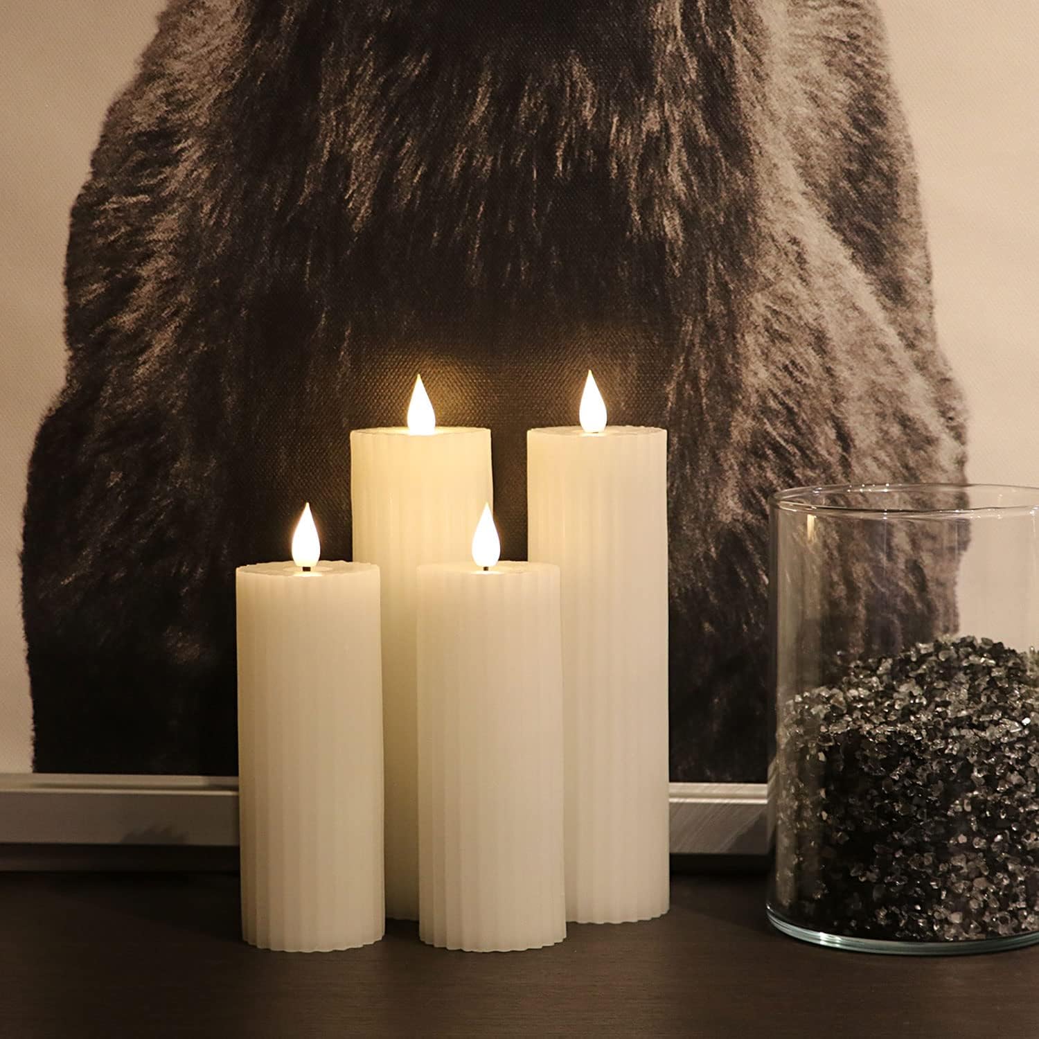 Fanna Velas LED sin llama de columna delgada de 8 pulgadas, color blanco, funciona con pilas, diseño de rayas, pilas y control remoto incluidos,